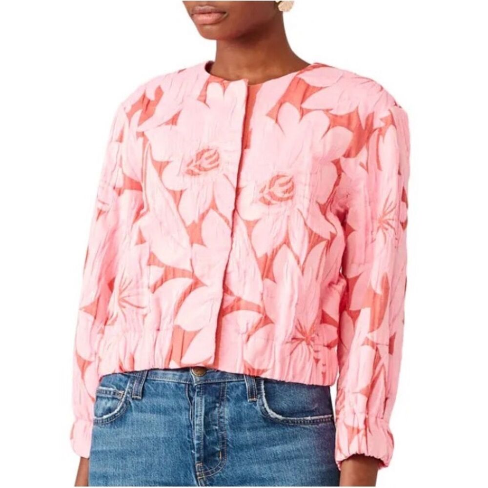 Tara Jarmon Pink Floral Textured Cropped Jacket Blazer EU 44 - Picture 3 of 10